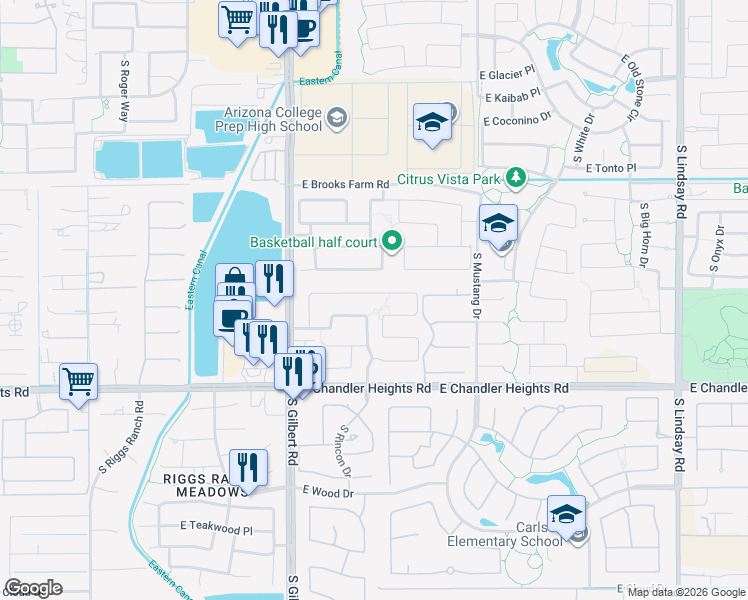 map of restaurants, bars, coffee shops, grocery stores, and more near 3201 East Lynx Place in Chandler