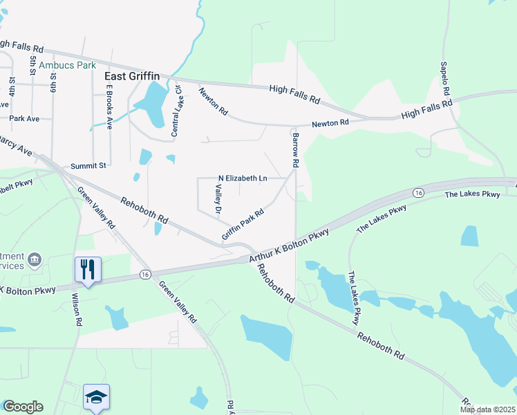 map of restaurants, bars, coffee shops, grocery stores, and more near 213 Griffin Park Road in Griffin