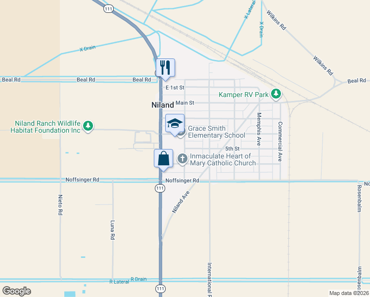 map of restaurants, bars, coffee shops, grocery stores, and more near 10 5th Street in Calipatria