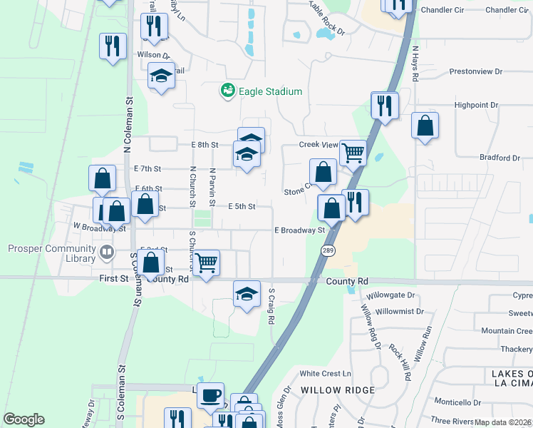 map of restaurants, bars, coffee shops, grocery stores, and more near 105 North Craig Road in Prosper
