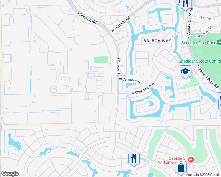 map of restaurants, bars, coffee shops, grocery stores, and more near 4566-4698 South Dobson Road in Chandler