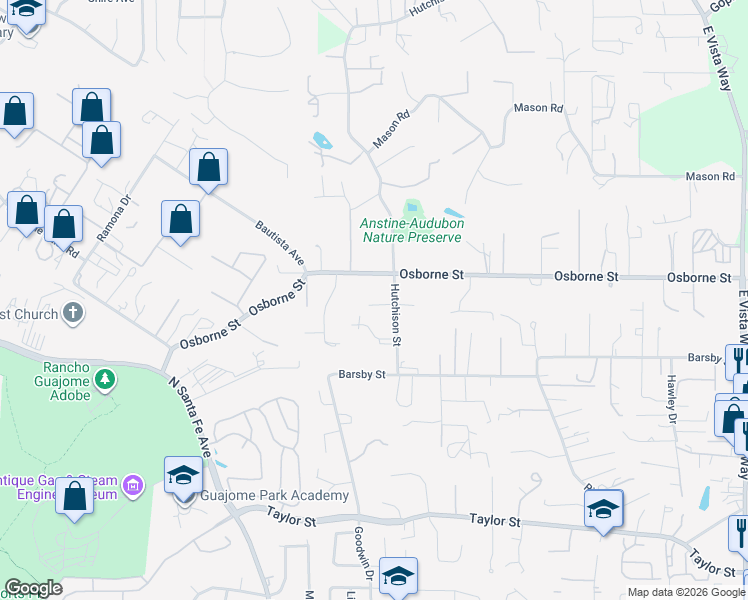 map of restaurants, bars, coffee shops, grocery stores, and more near 2344 Hutchison Street in Vista