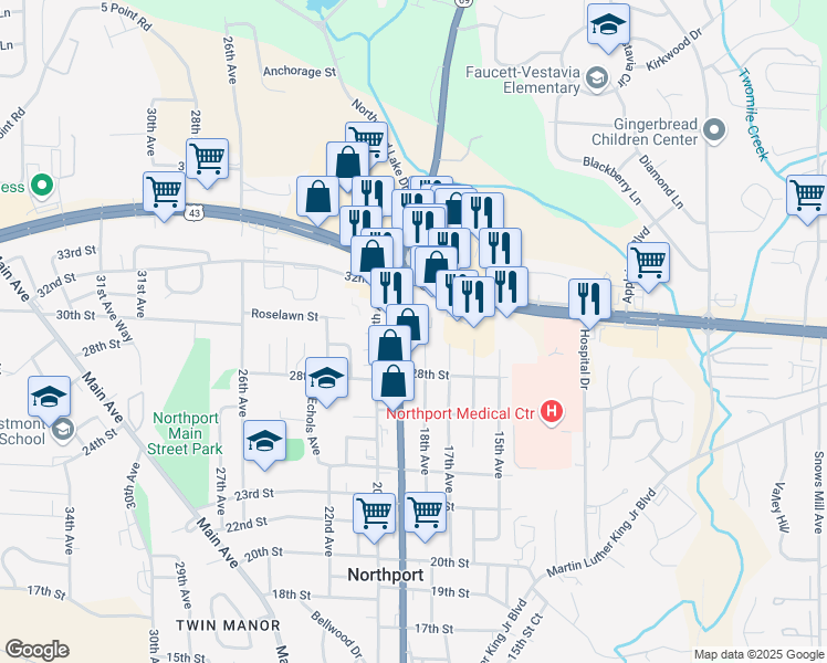 map of restaurants, bars, coffee shops, grocery stores, and more near 2813 Lurleen B Wallace Boulevard in Northport