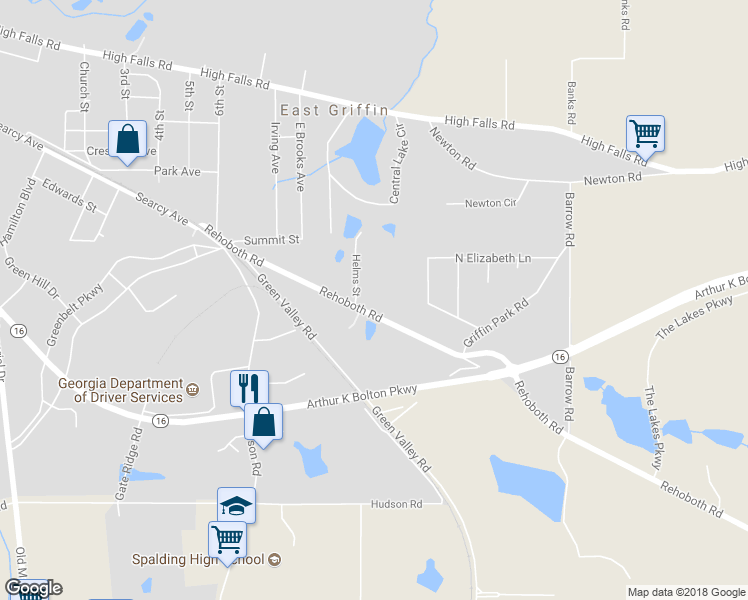 map of restaurants, bars, coffee shops, grocery stores, and more near 229 Rehoboth Road in Griffin