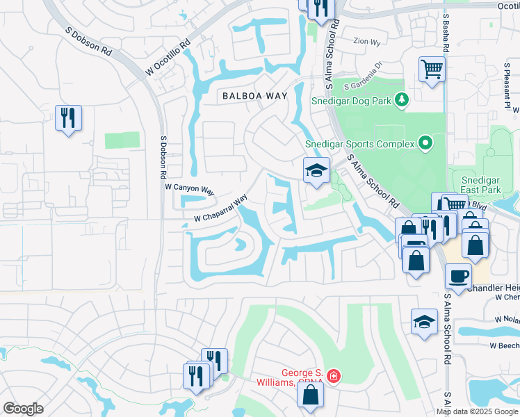 map of restaurants, bars, coffee shops, grocery stores, and more near 4702 South Oleander Drive in Chandler