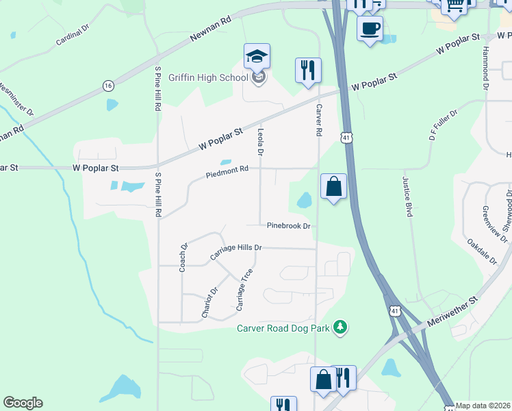 map of restaurants, bars, coffee shops, grocery stores, and more near 415 Leola Drive in Griffin