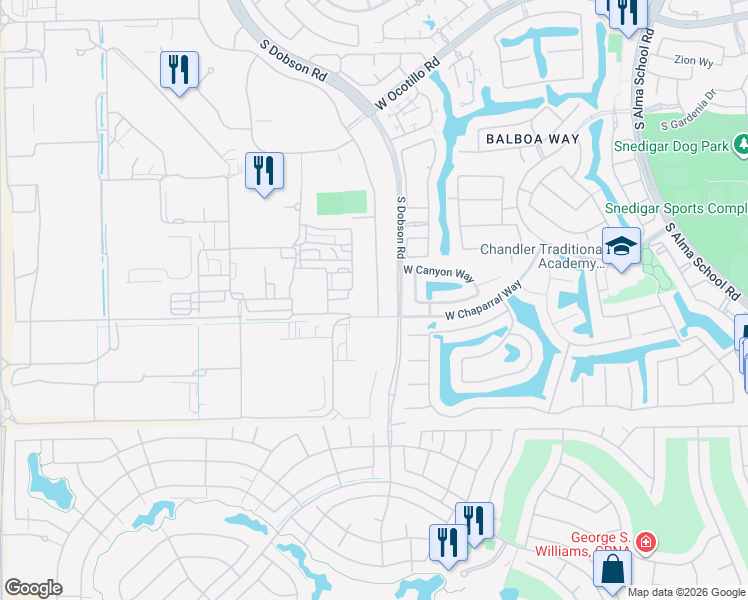 map of restaurants, bars, coffee shops, grocery stores, and more near 4500 South Dobson Road in Chandler