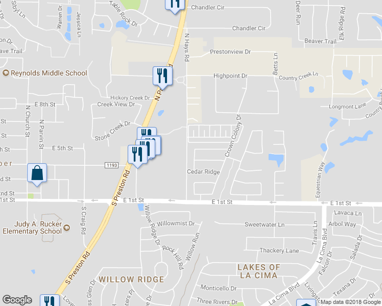 map of restaurants, bars, coffee shops, grocery stores, and more near 201 N Ridge Trail in Prosper