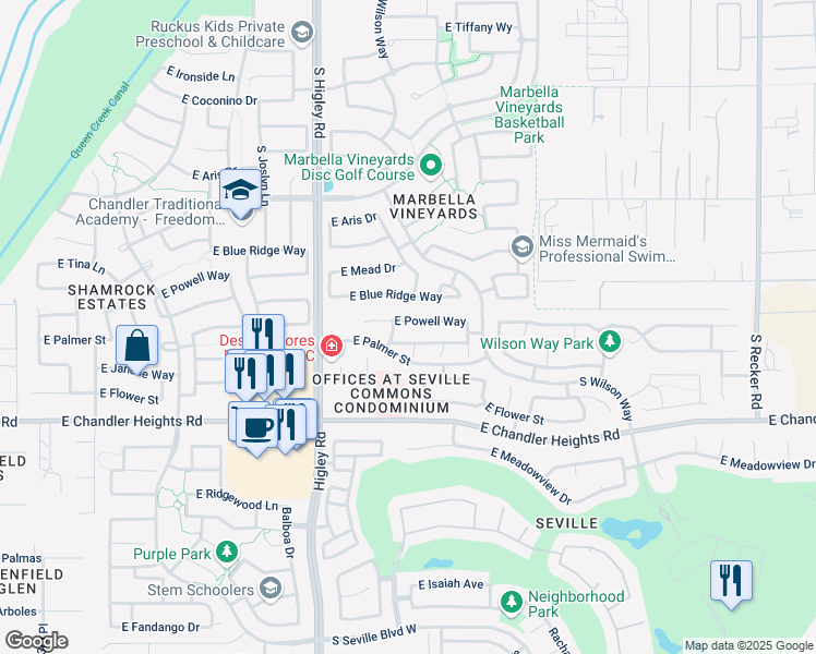 map of restaurants, bars, coffee shops, grocery stores, and more near 3365 East Powell Way in Gilbert