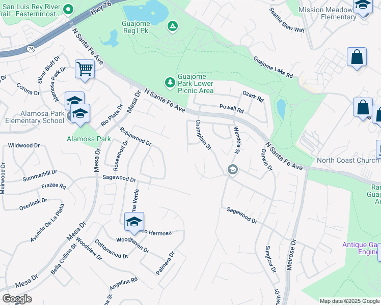 map of restaurants, bars, coffee shops, grocery stores, and more near 5241 Wohlford Street in Oceanside