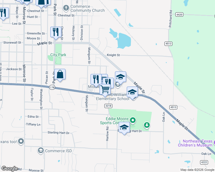 map of restaurants, bars, coffee shops, grocery stores, and more near 2009 Solomon Drive in Commerce
