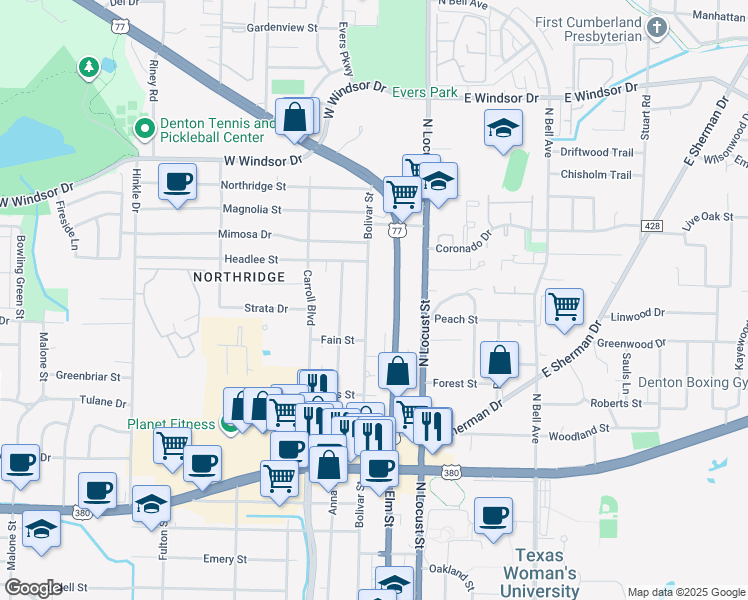 map of restaurants, bars, coffee shops, grocery stores, and more near 2600 Bolivar Street in Denton