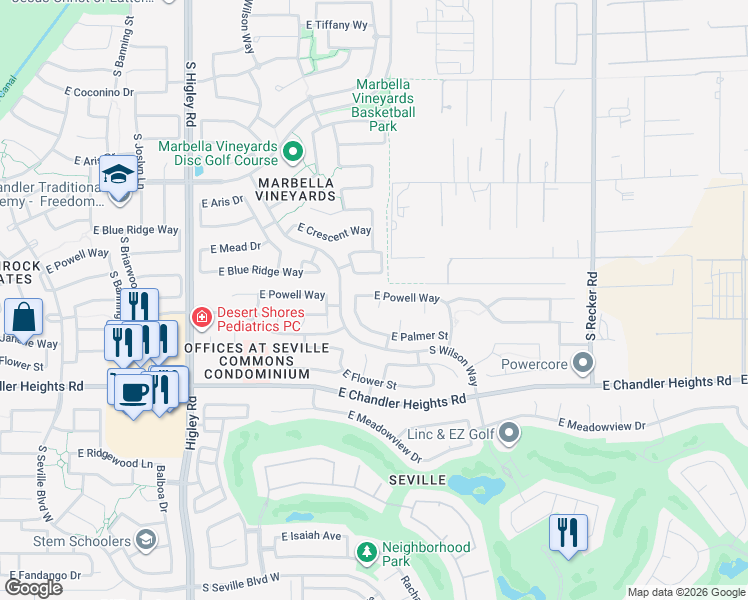 map of restaurants, bars, coffee shops, grocery stores, and more near 6230 South Legend Court in Gilbert
