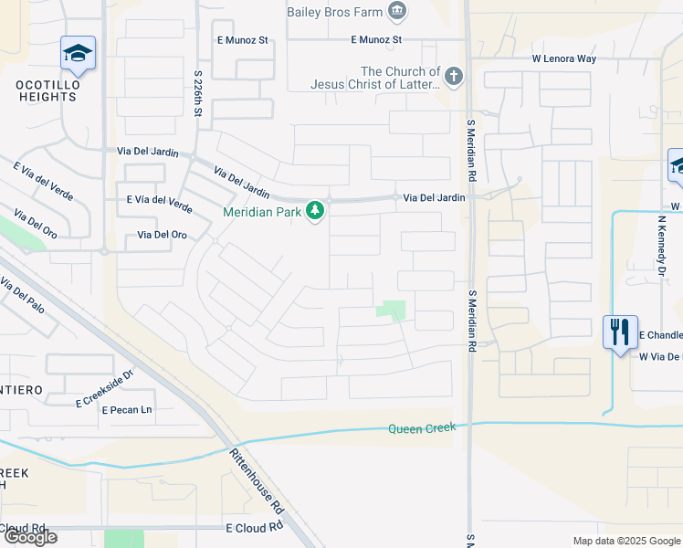 map of restaurants, bars, coffee shops, grocery stores, and more near 23282 South 229th Place in Queen Creek