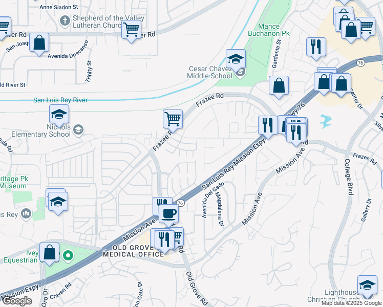 map of restaurants, bars, coffee shops, grocery stores, and more near 257 Lark Way in Oceanside