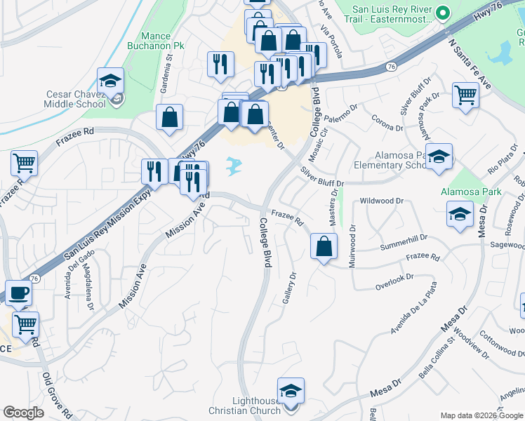 map of restaurants, bars, coffee shops, grocery stores, and more near College Boulevard & Frazee Road in Oceanside