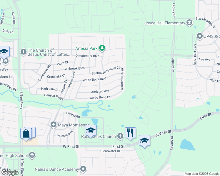 map of restaurants, bars, coffee shops, grocery stores, and more near 16533 Amistad Avenue in Prosper
