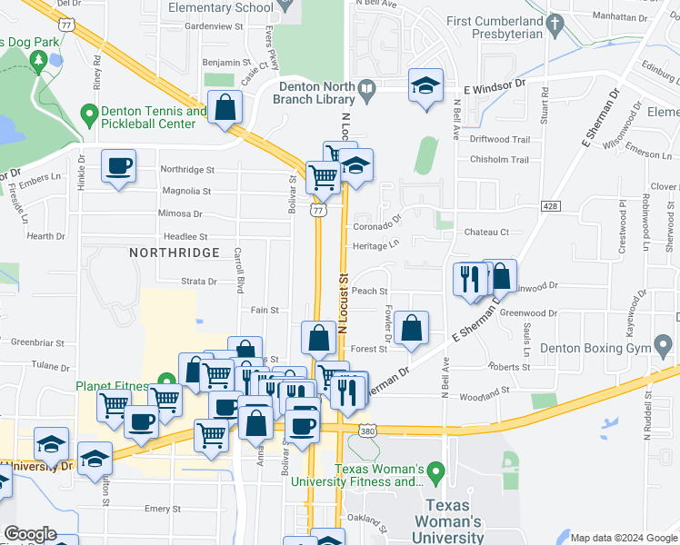 map of restaurants, bars, coffee shops, grocery stores, and more near 2515 North Locust Street in Denton