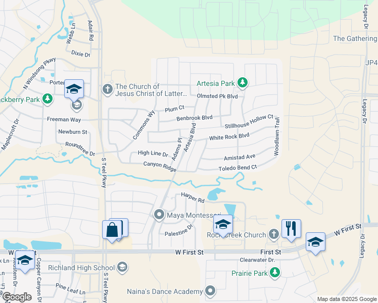 map of restaurants, bars, coffee shops, grocery stores, and more near 1709 Medina Lane in Prosper