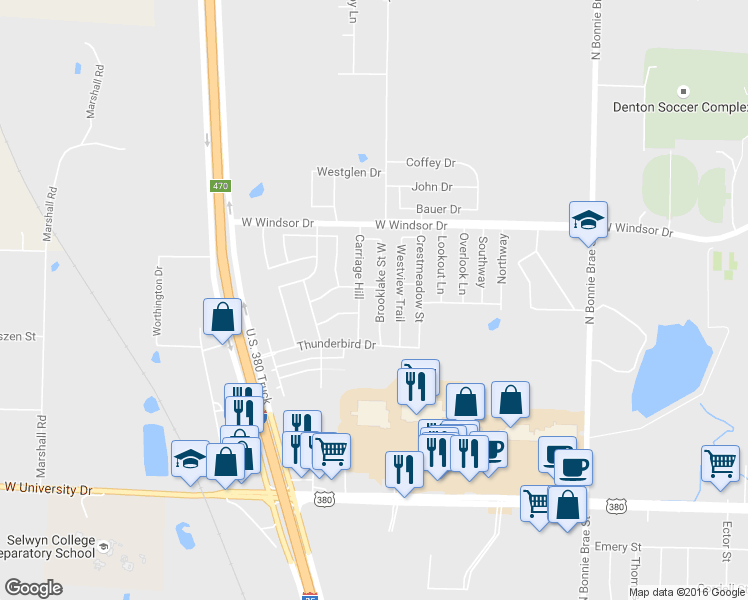 map of restaurants, bars, coffee shops, grocery stores, and more near 2207 Brooklake West in Denton