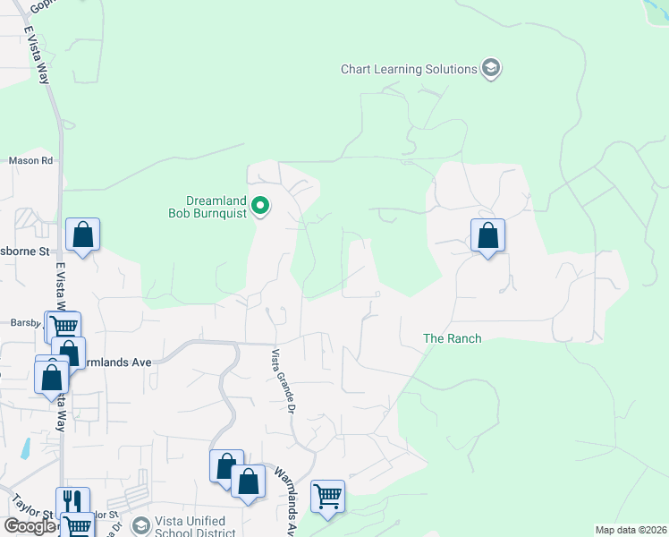 map of restaurants, bars, coffee shops, grocery stores, and more near 1640 Ojeda Road in Vista