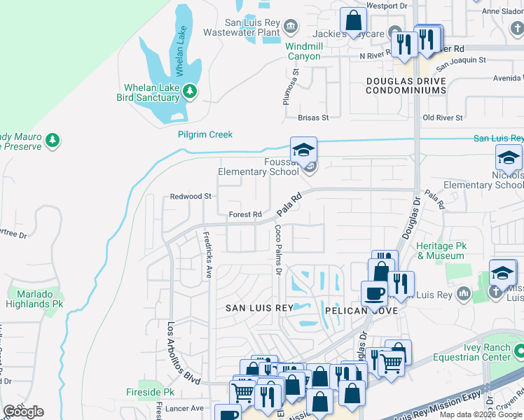 map of restaurants, bars, coffee shops, grocery stores, and more near 3721 Forest Road in Oceanside