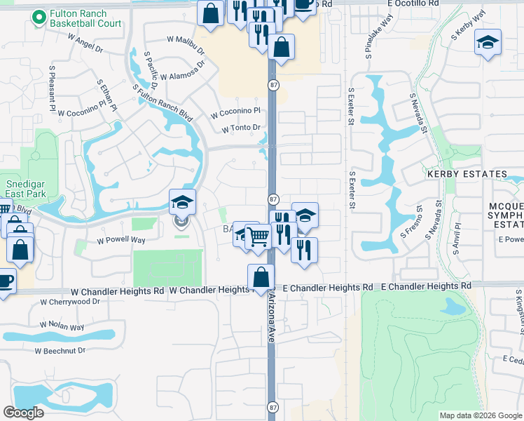 map of restaurants, bars, coffee shops, grocery stores, and more near 15 West Blue Ridge Way in Chandler