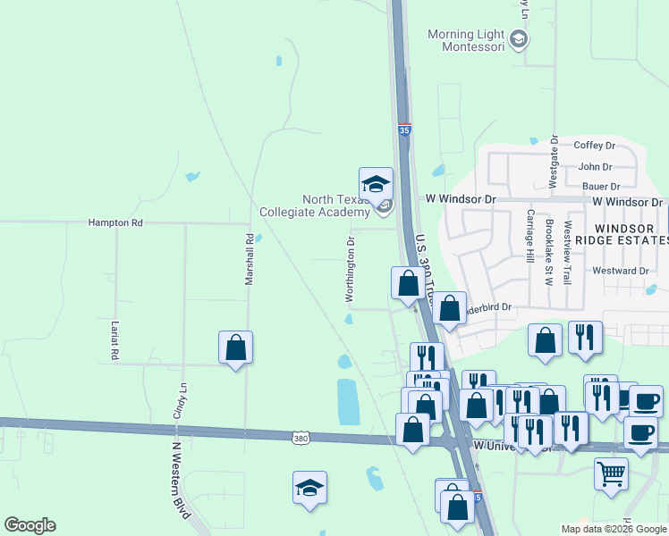 map of restaurants, bars, coffee shops, grocery stores, and more near 2151 Worthington Drive in Denton