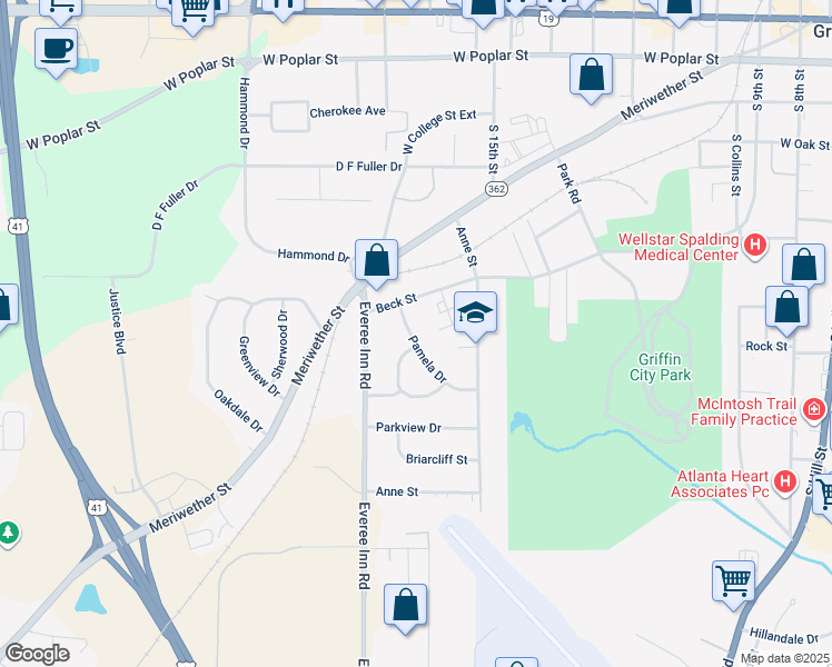 map of restaurants, bars, coffee shops, grocery stores, and more near 812 Pamela Drive in Griffin