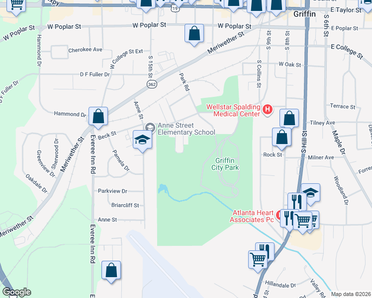 map of restaurants, bars, coffee shops, grocery stores, and more near 860 Westbrook Street in Griffin