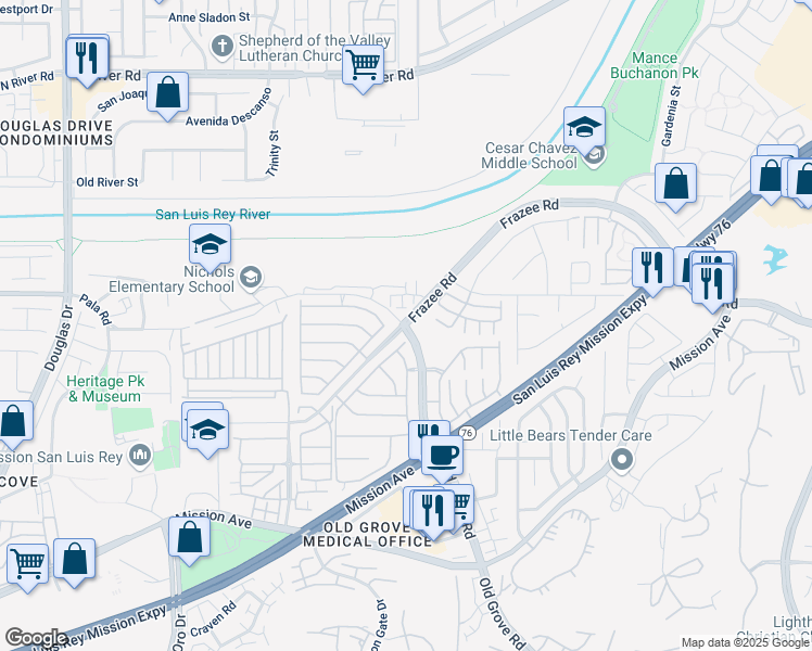 map of restaurants, bars, coffee shops, grocery stores, and more near Old Grove Road & Frazee Road in Oceanside