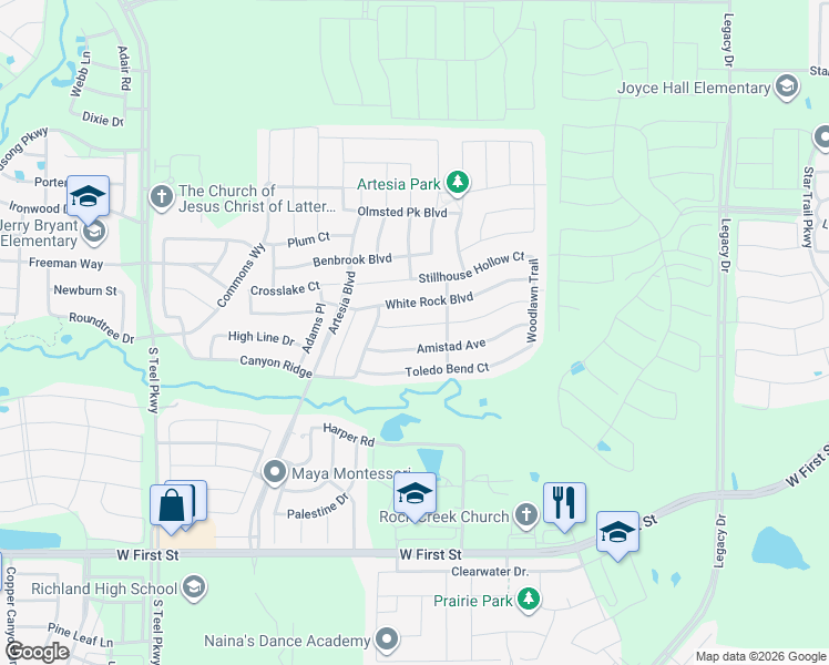 map of restaurants, bars, coffee shops, grocery stores, and more near 16404 Dry Creek Boulevard in Prosper