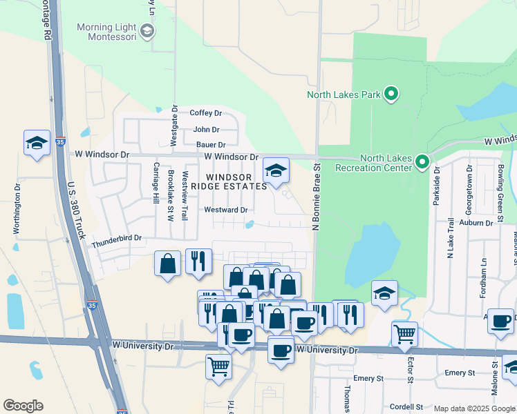 map of restaurants, bars, coffee shops, grocery stores, and more near 2200 Northway in Denton