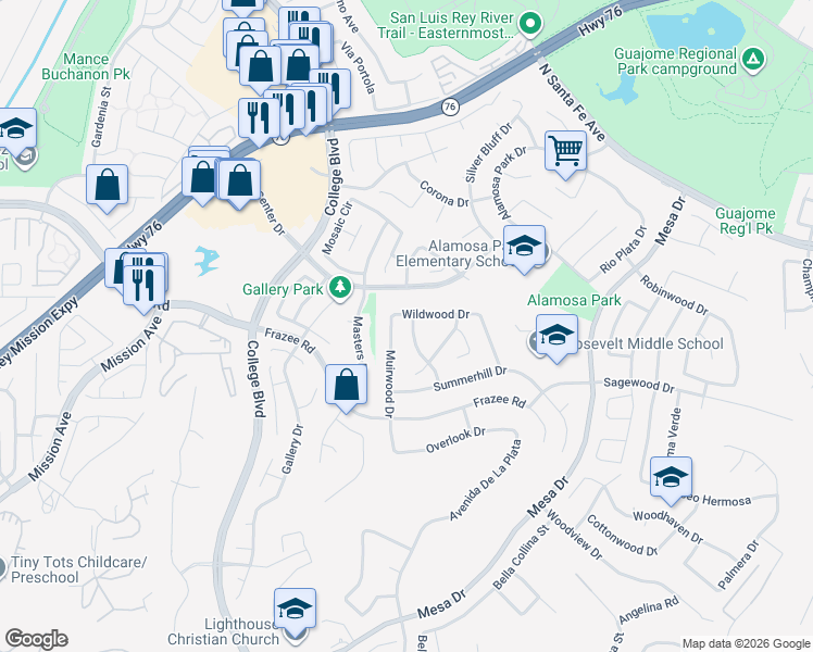 map of restaurants, bars, coffee shops, grocery stores, and more near 713 Abbywood Drive in Oceanside