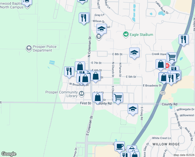 map of restaurants, bars, coffee shops, grocery stores, and more near 108 East 5th Street in Prosper