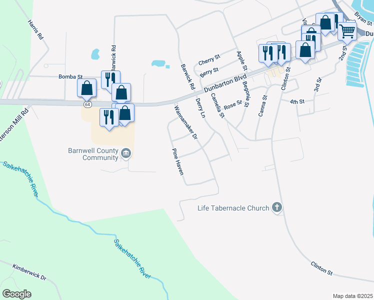 map of restaurants, bars, coffee shops, grocery stores, and more near 174 Murphey Street in Barnwell