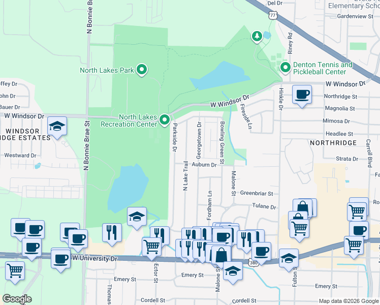 map of restaurants, bars, coffee shops, grocery stores, and more near 2212 North Lake Trail in Denton