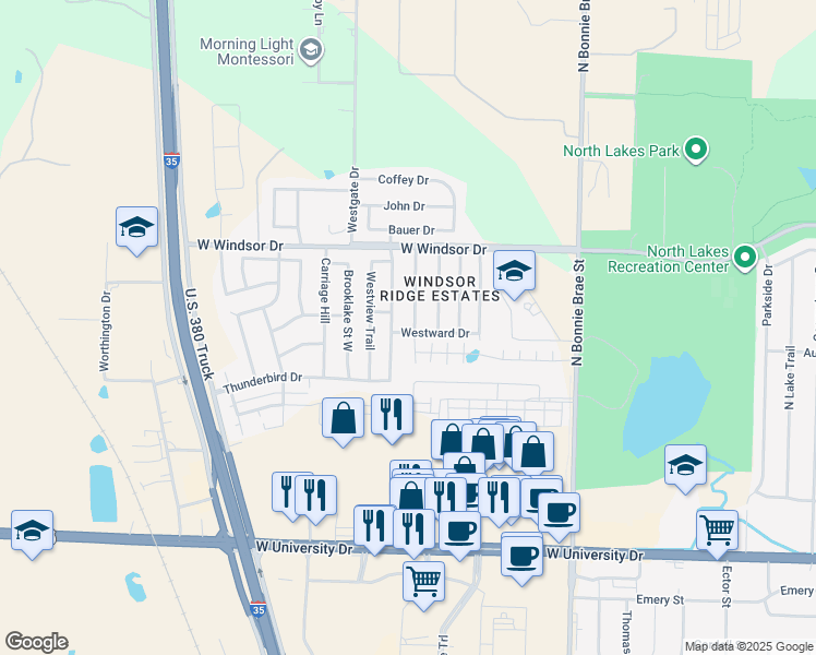 map of restaurants, bars, coffee shops, grocery stores, and more near 2200 Lookout Lane in Denton