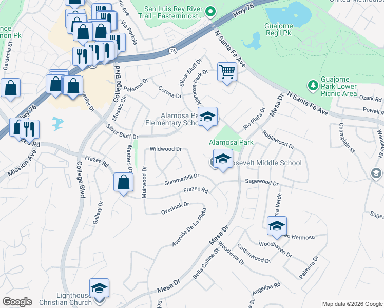 map of restaurants, bars, coffee shops, grocery stores, and more near 722 Banyonwood Drive in Oceanside