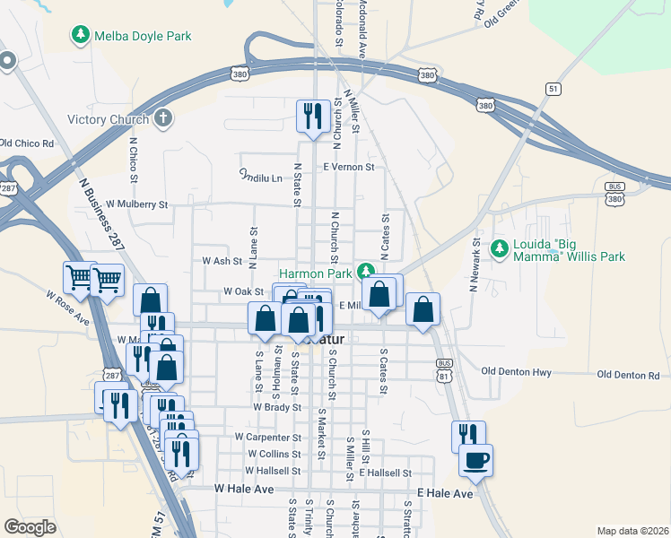 map of restaurants, bars, coffee shops, grocery stores, and more near 404 North Church Street in Decatur