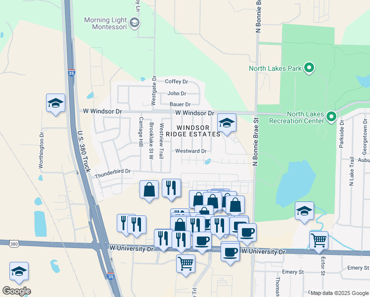 map of restaurants, bars, coffee shops, grocery stores, and more near 2200 Lookout Lane in Denton