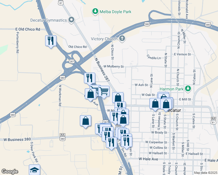 map of restaurants, bars, coffee shops, grocery stores, and more near 503 U.S. 287 in Decatur