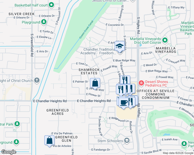 map of restaurants, bars, coffee shops, grocery stores, and more near 6233 South Rochester Drive in Gilbert