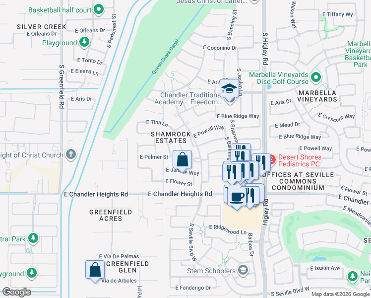 map of restaurants, bars, coffee shops, grocery stores, and more near 6233 South Rochester Drive in Gilbert