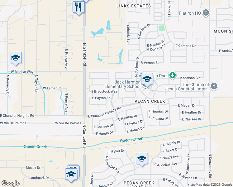 map of restaurants, bars, coffee shops, grocery stores, and more near 575 East Bradstock Way in San Tan Valley