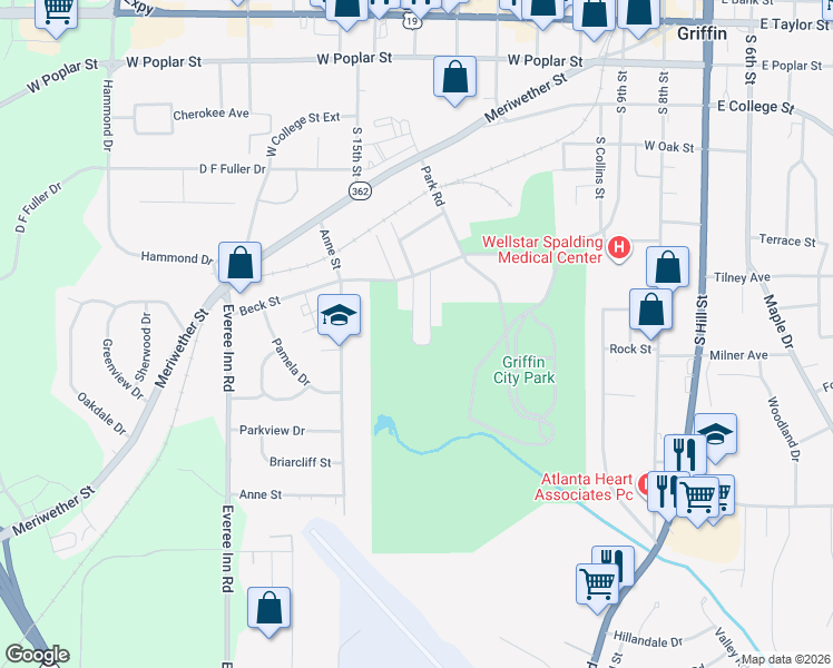 map of restaurants, bars, coffee shops, grocery stores, and more near 860 Westbrook Street in Griffin