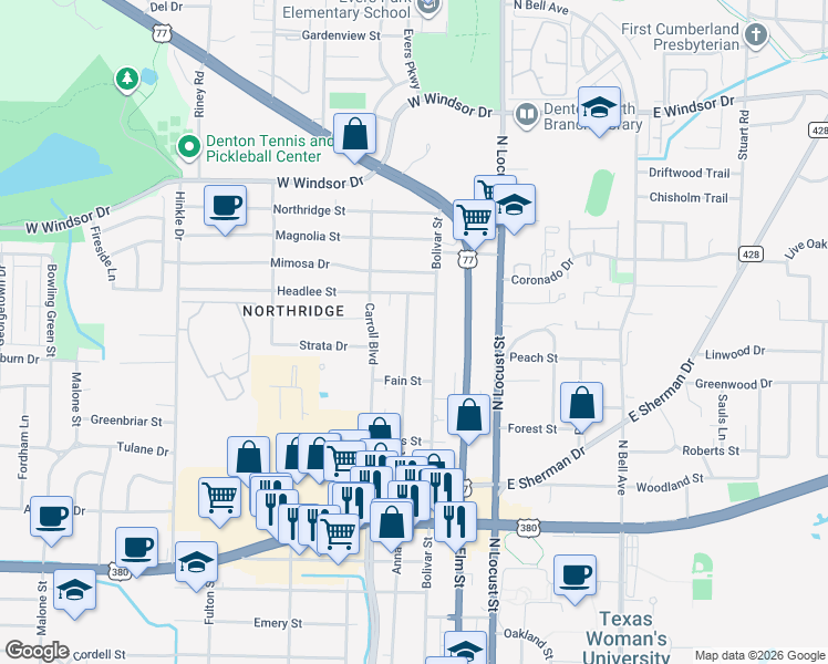 map of restaurants, bars, coffee shops, grocery stores, and more near 2428 Denison Street in Denton