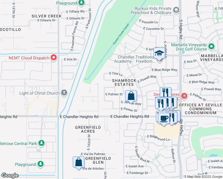 map of restaurants, bars, coffee shops, grocery stores, and more near 2757 East Powell Way in Gilbert