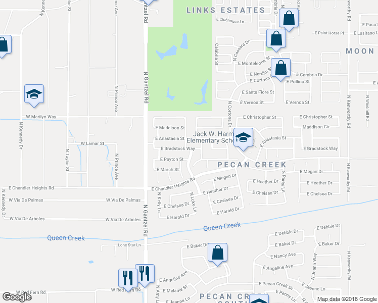 map of restaurants, bars, coffee shops, grocery stores, and more near 575 East Bradstock Way in Queen Creek