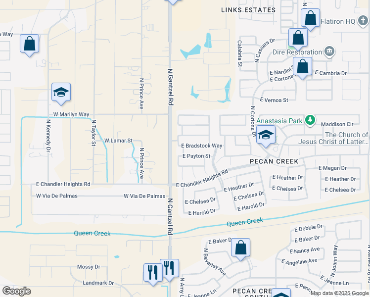 map of restaurants, bars, coffee shops, grocery stores, and more near 311 East Bradstock Way in Queen Creek